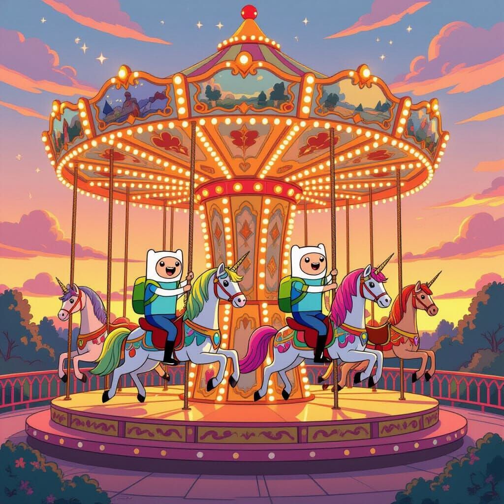 Adventure Time Characters on Sparkly Carousel at Sunrise