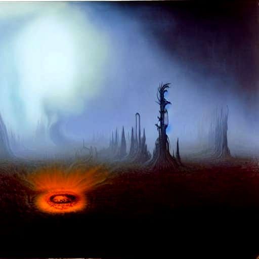 Sepia-Toned Alien Horror in Smoggy, Amber-Lit Environment