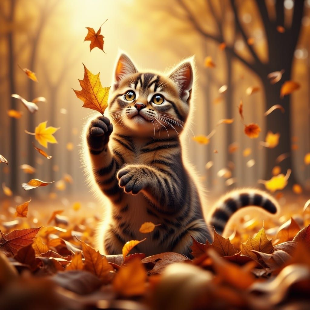 Cat Plays in Fall Leaves: Hyperrealistic Photography