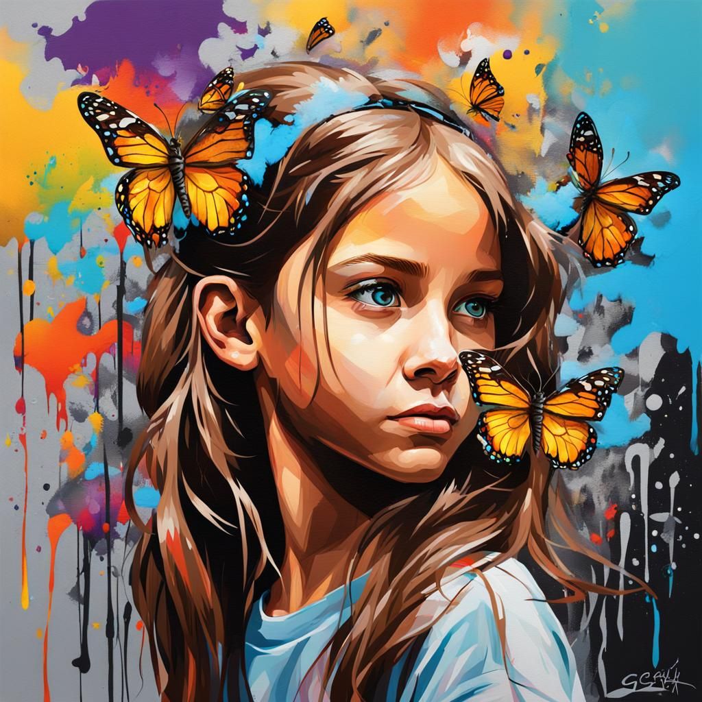 Girl with Butterfly Clips in Graffiti Splash Art