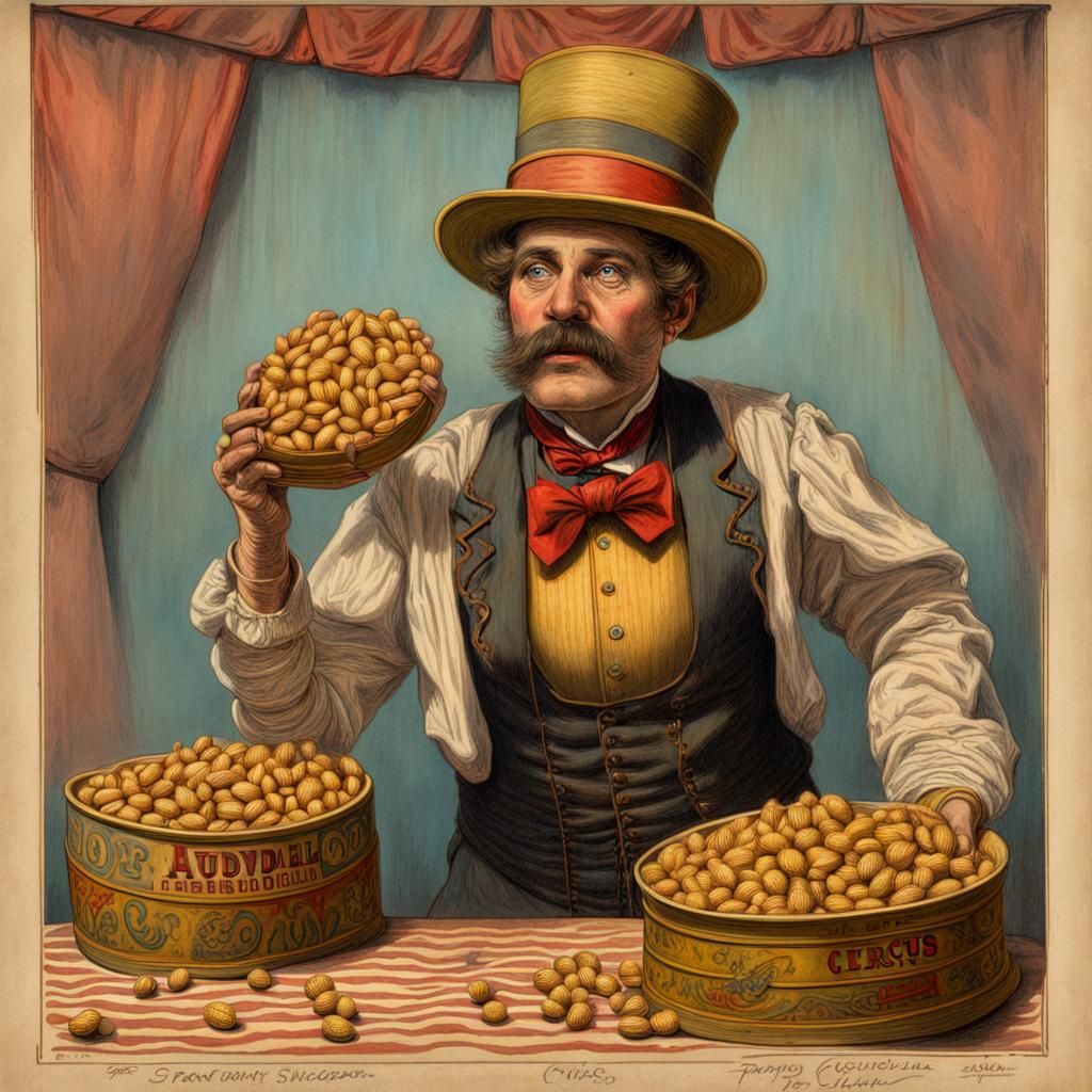 Vaudeville Circus Peanut Vendor in Hyperrealistic Style