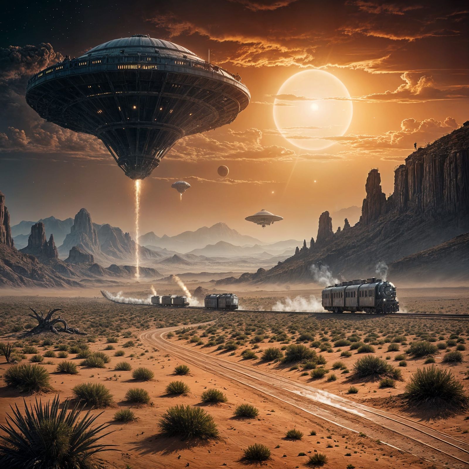 Sci-Fi Western Train Robbery with Aliens in Desert Vista