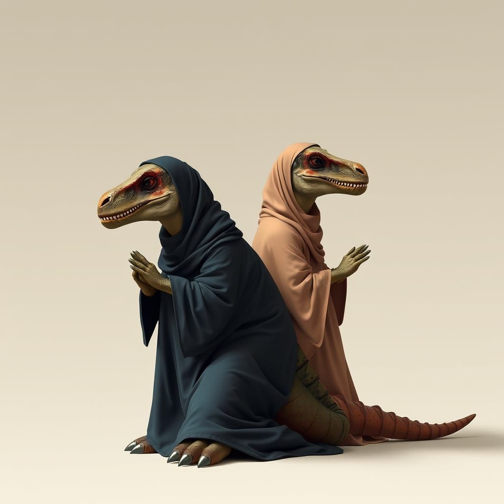 Dinosaurs in Islamic Attire Pray Together