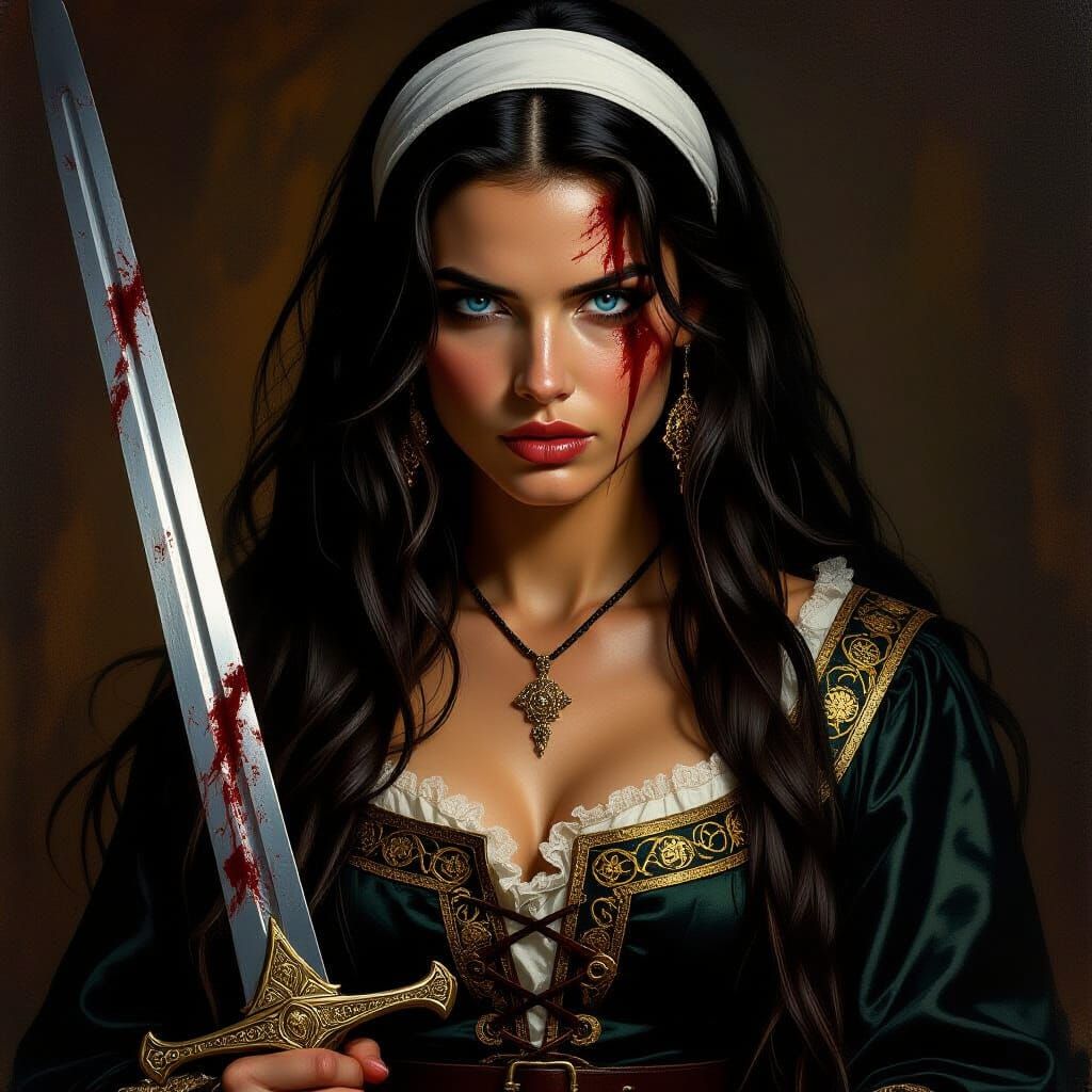 Fierce Dark Renaissance Warrior Woman with Sword