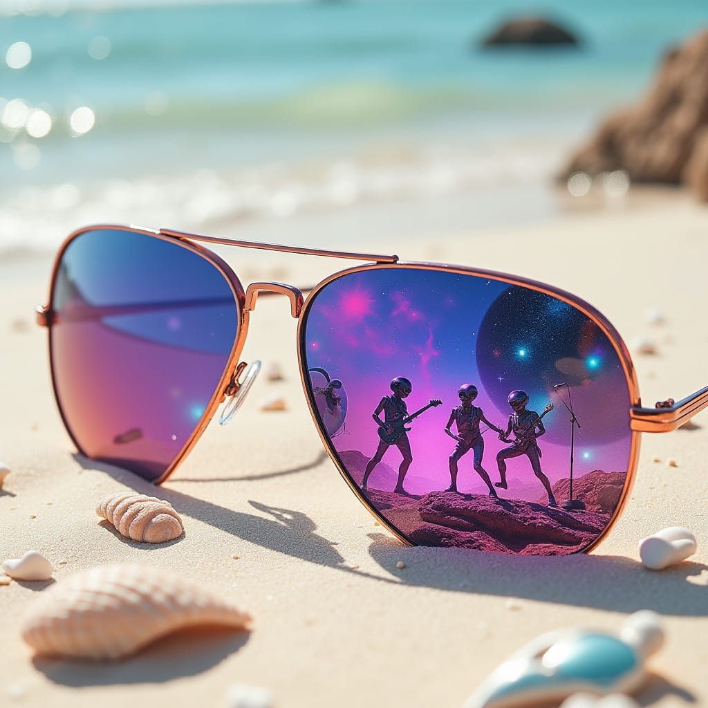 Trendy Aviators Reflect Alien Rock Band in Psychedelic Nebul...