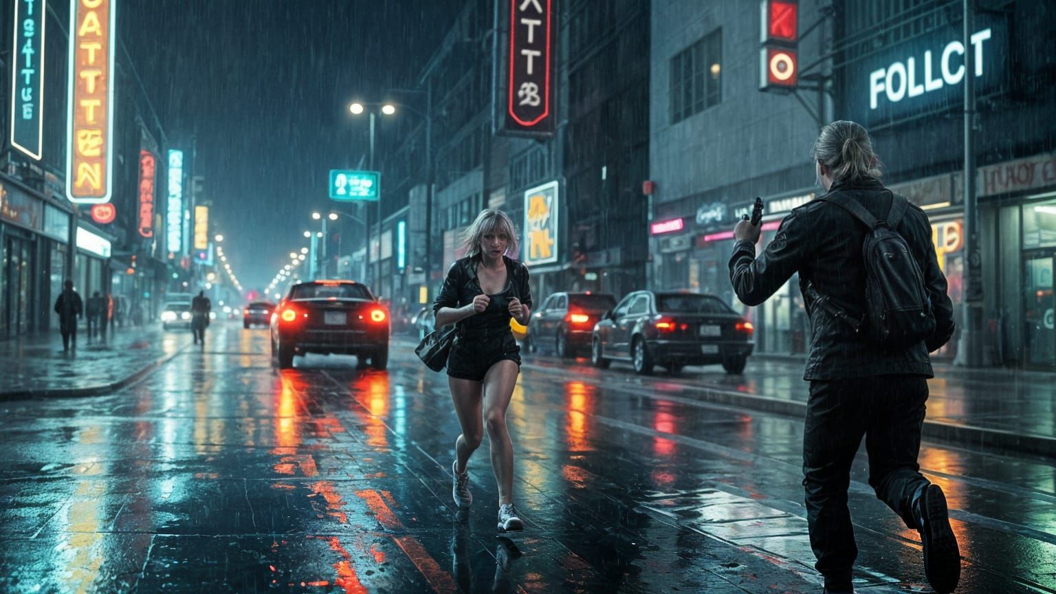Neon-Lit Blade Runner Pursues Rebellious Replicant in Rainy ...