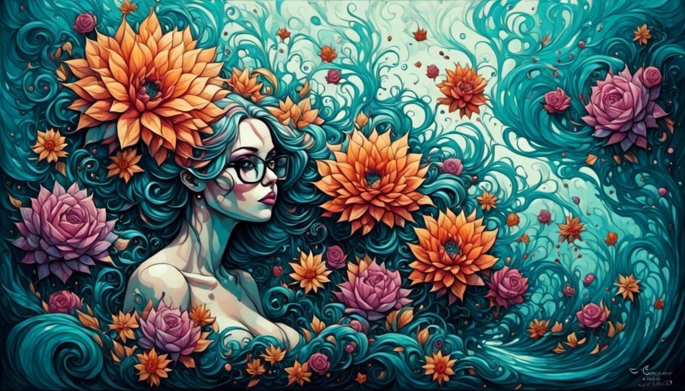 Psychedelic Waterscape with Surreal Flowers