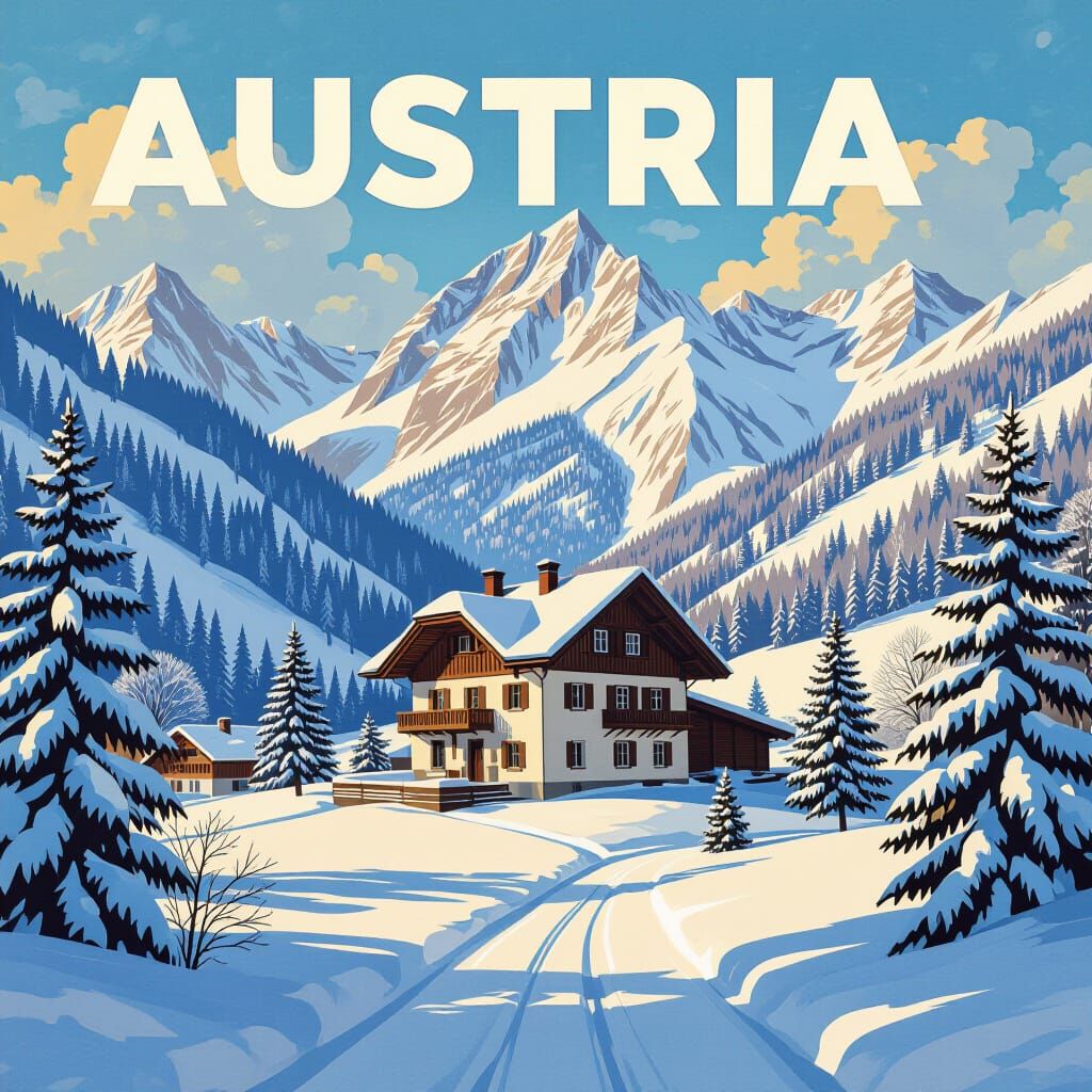Vintage Austria Travel Poster: Alpine Winter Scene