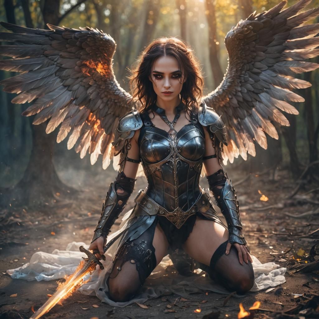 Fallen Angel with Flaming Sword in Dark Fantasy Style