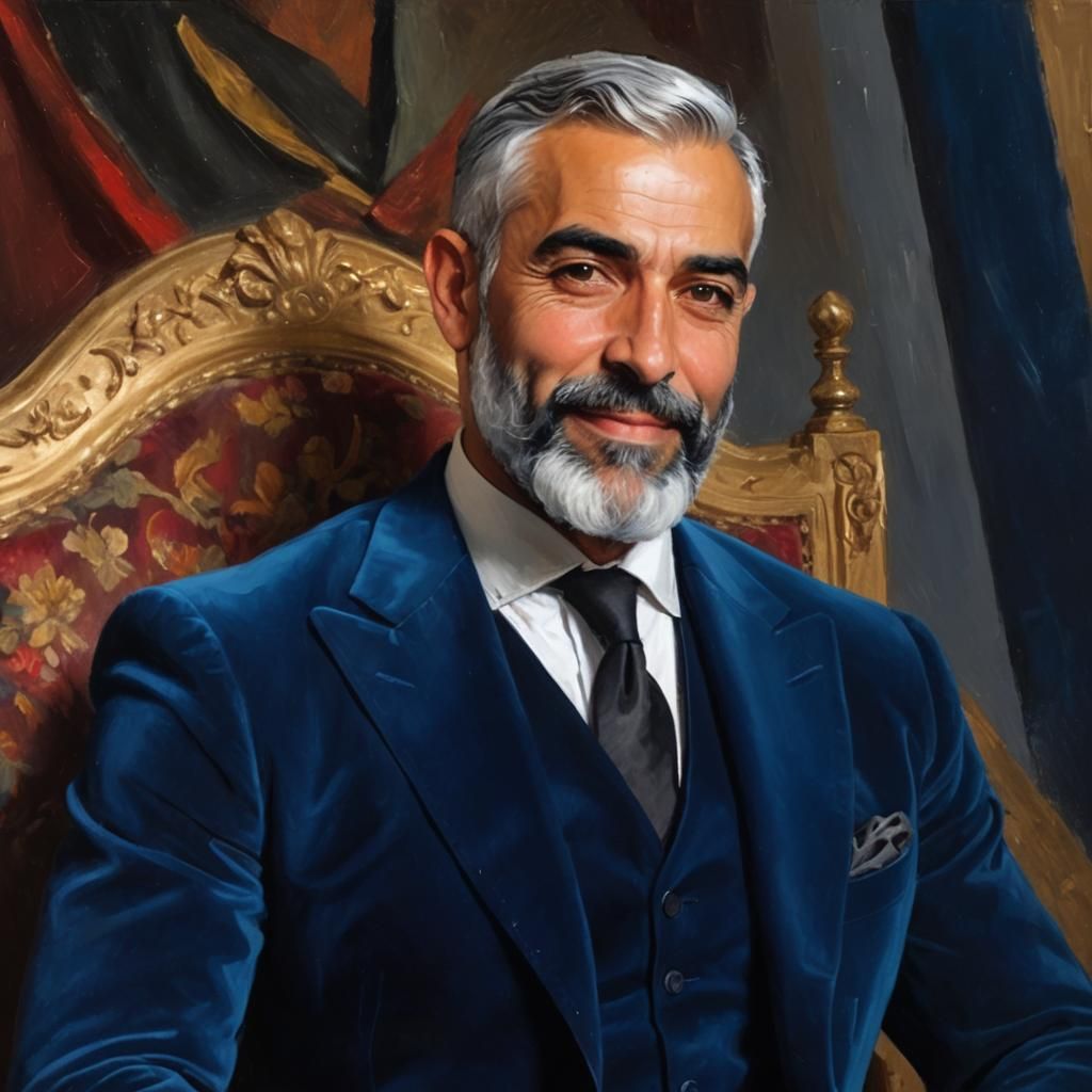 Happy Man in Blue Velvet Suit: Impressionist Portrait