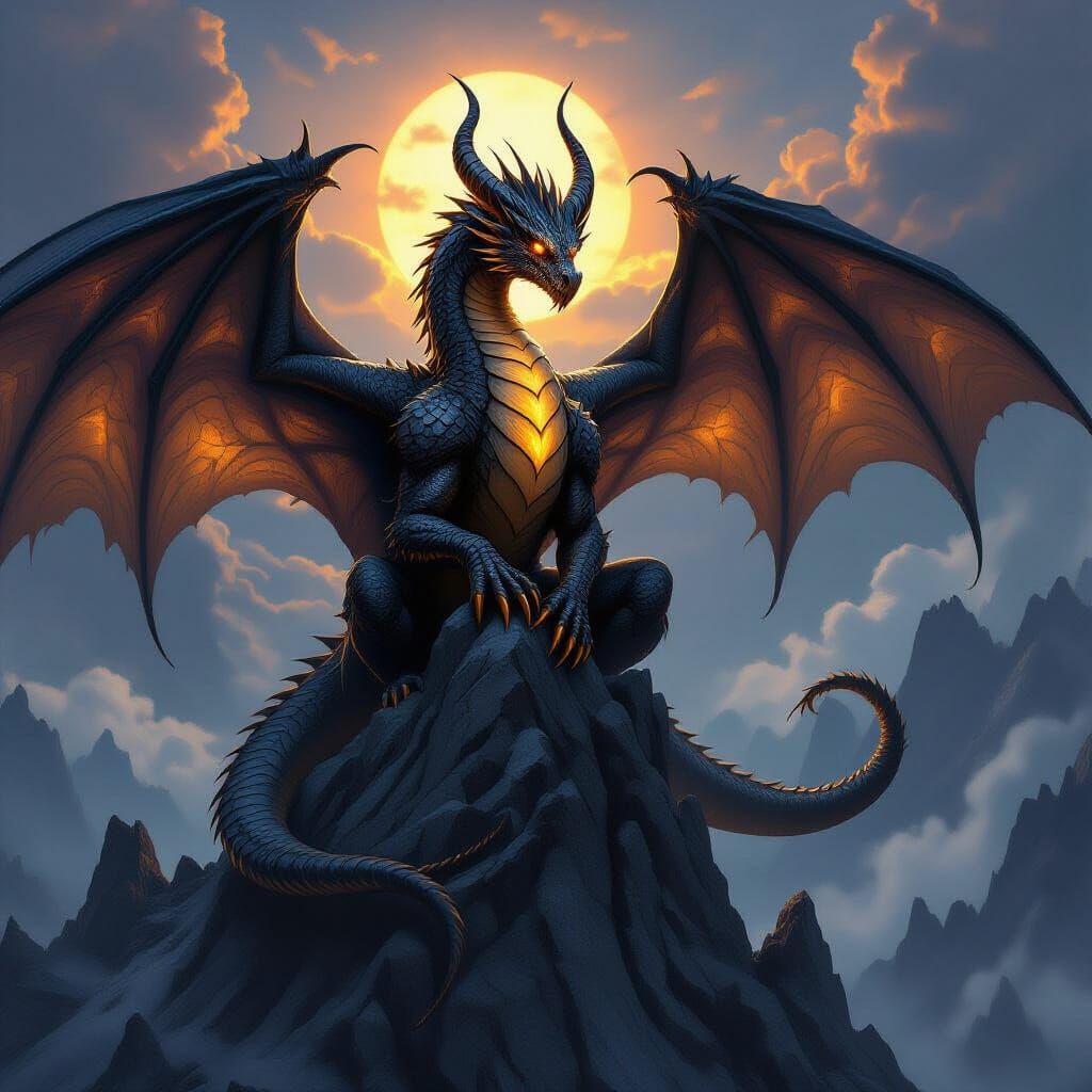 Ancient Obsidian Dragon Perched on Stormspire Mountains