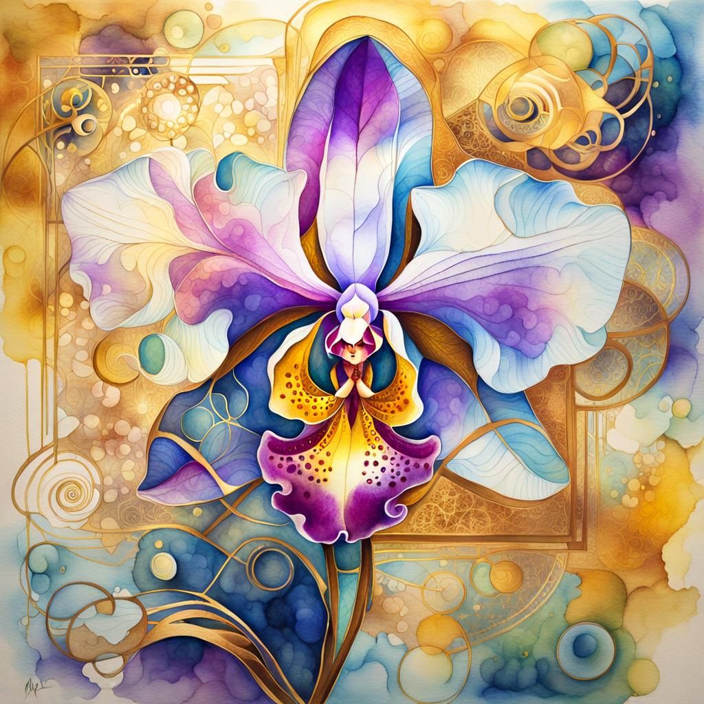Glowing Orchid in Surrealist Watercolor Dreamscape