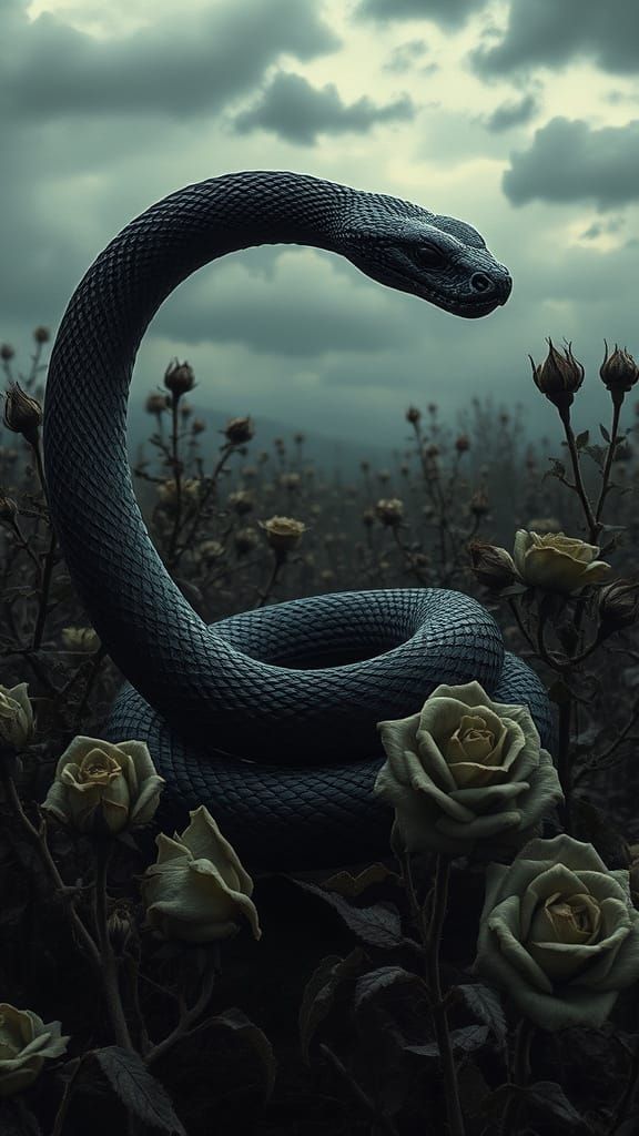 Sleek Black Snake Coiled in Wilted Rose Bushes Under Dark Sk...