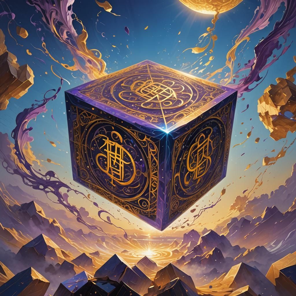 Calligraphy Cube with Glowing Runes in Ethereal Lighting