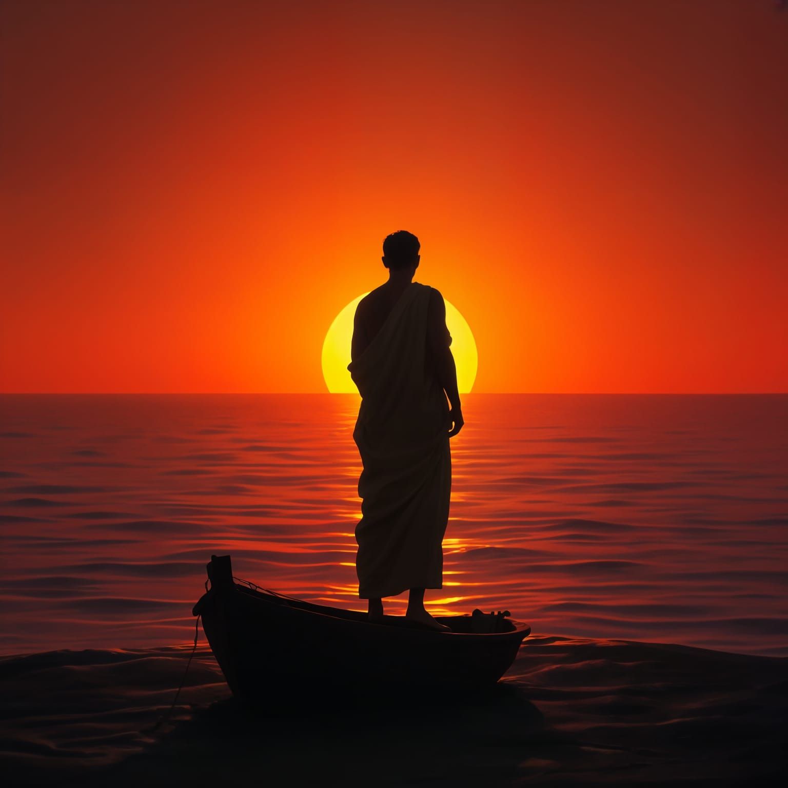 Ancient Fresco of Figure Silhouetted at Sunrise