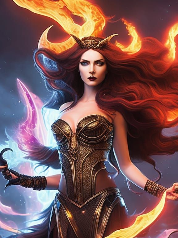 Goddess Lilith with Demon Horns and Fiery Backdrop