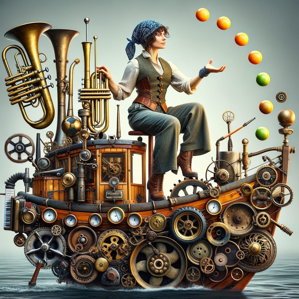 Whimsical Steampunk Boat in Full Sail