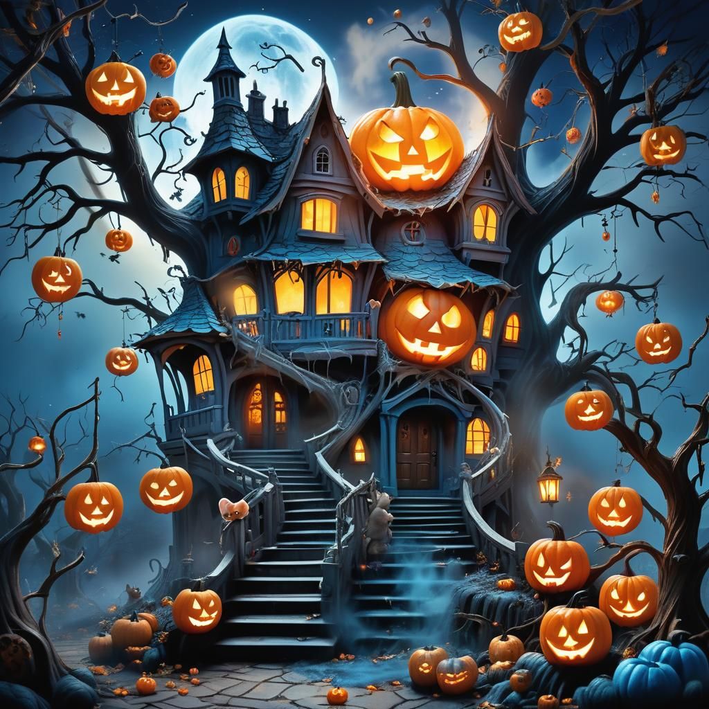 Surreal Jack-o'-Lantern House in Ethereal Mist