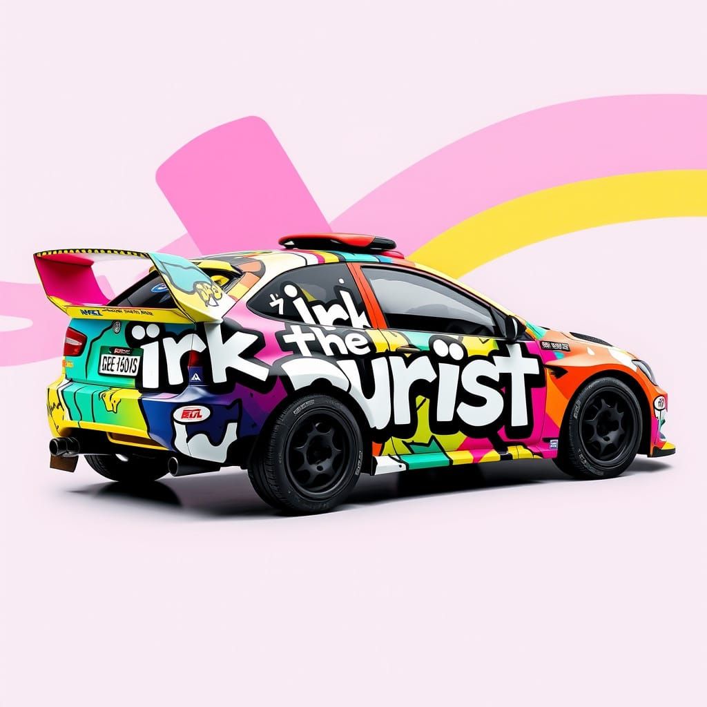 Rally car wrapped in "irk the purists" artwork