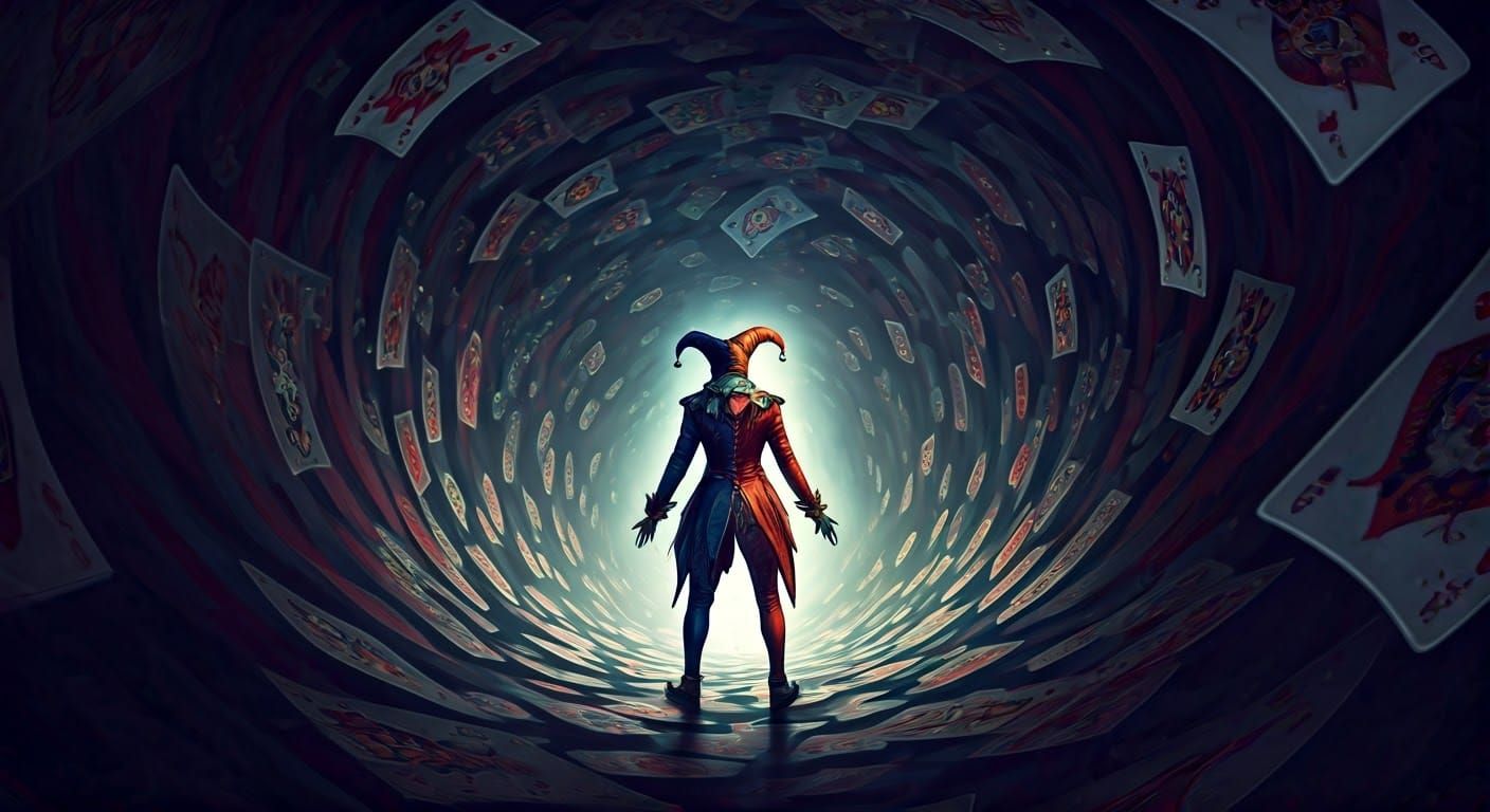 Mystical Jester Unfolds from Whirling Card Portal