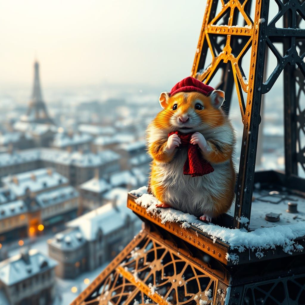 Whimsical Hamster on Eiffel Tower in Snowy Parisian Winter