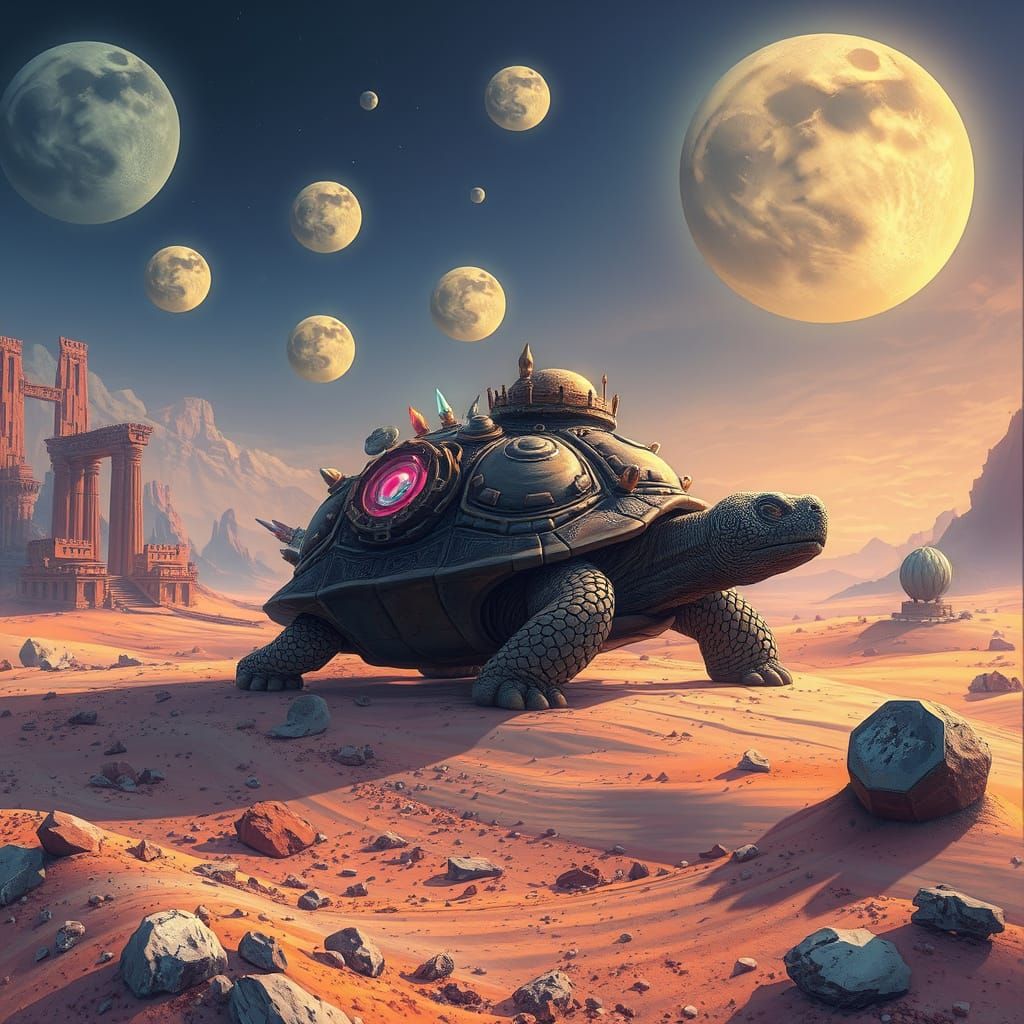 Colossal Tortoise with Ruins and Crystals in Alien Desert