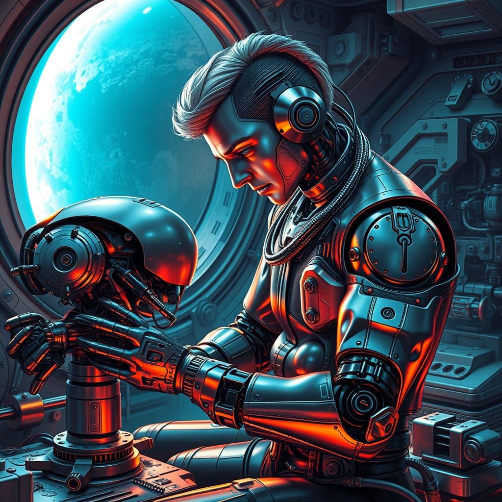 Cyborg in Futuristic Shipyard