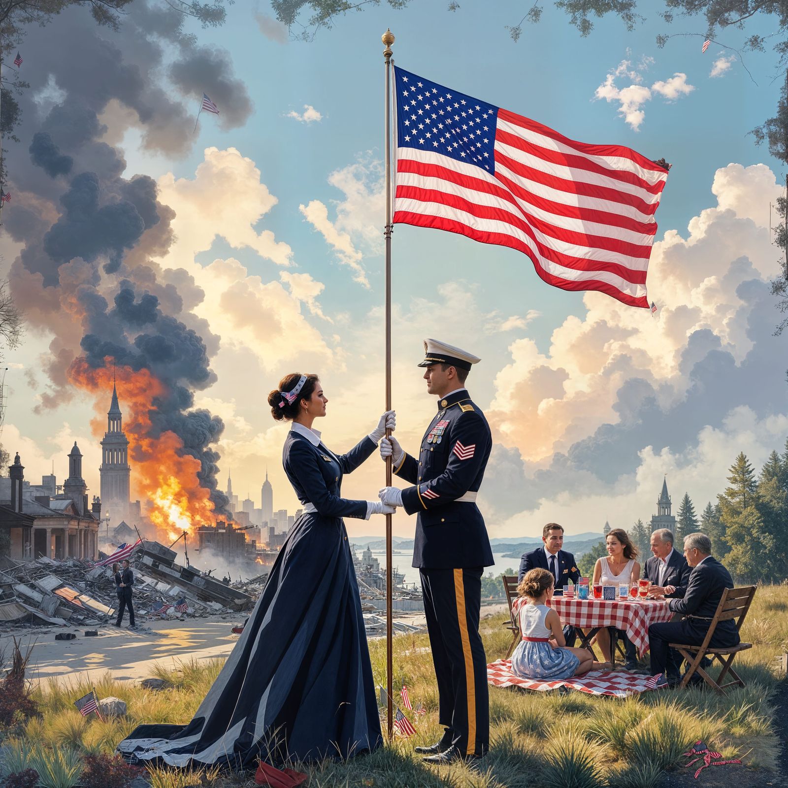 Patriotic American Flag Collage with Service People