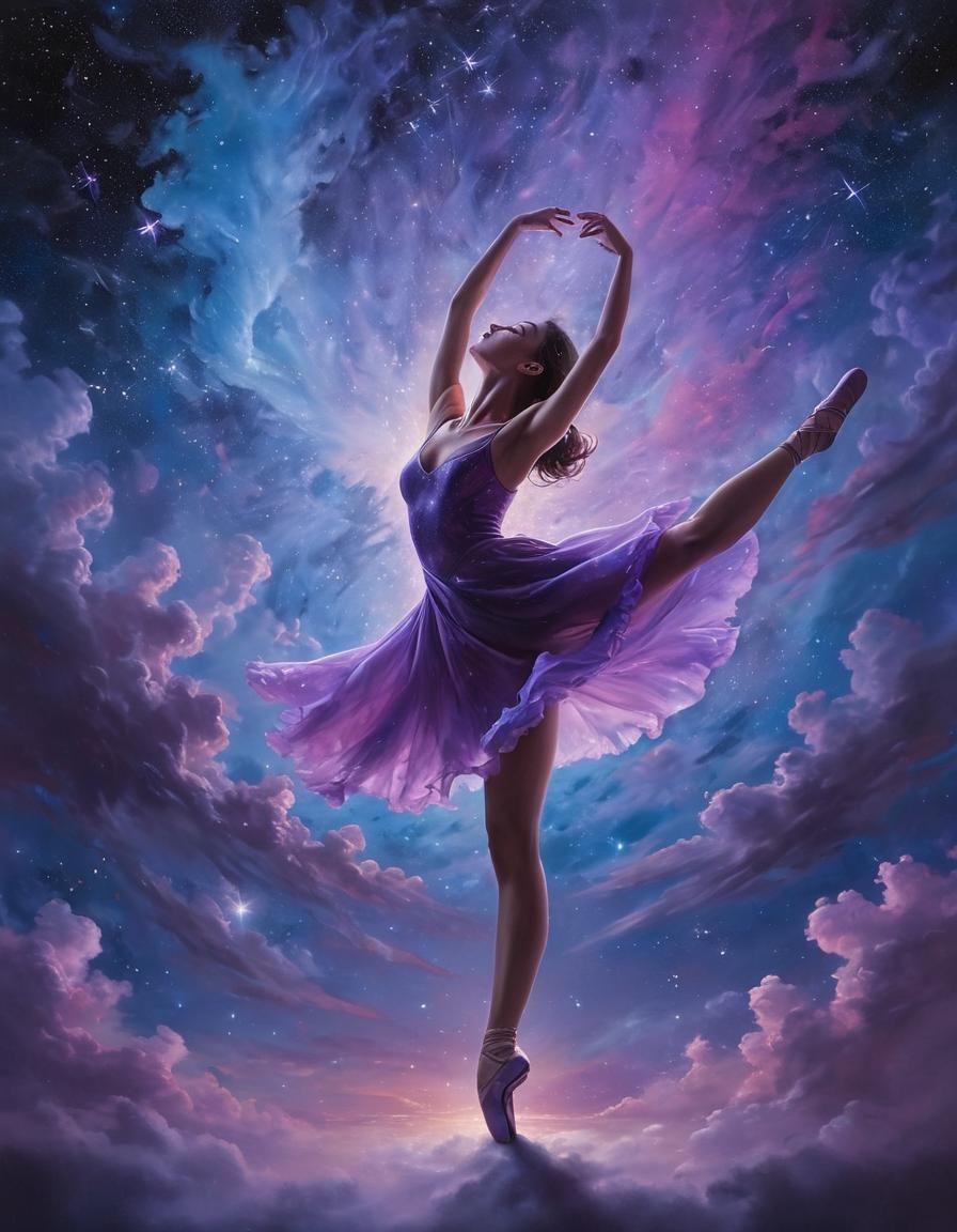 Ballerina Silhouette Dancing in Surreal Starry Sky