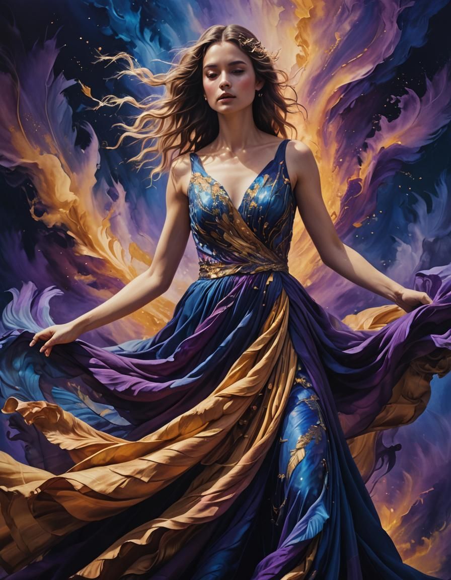 Fantasy Woman in Flowing Dress: Dreamlike Oil Painting
