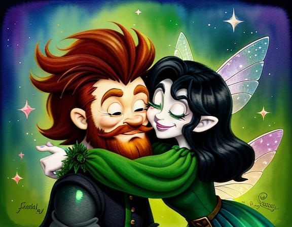 Leprechaun and Pixie Kiss in Friz Freleng Cartoon Style