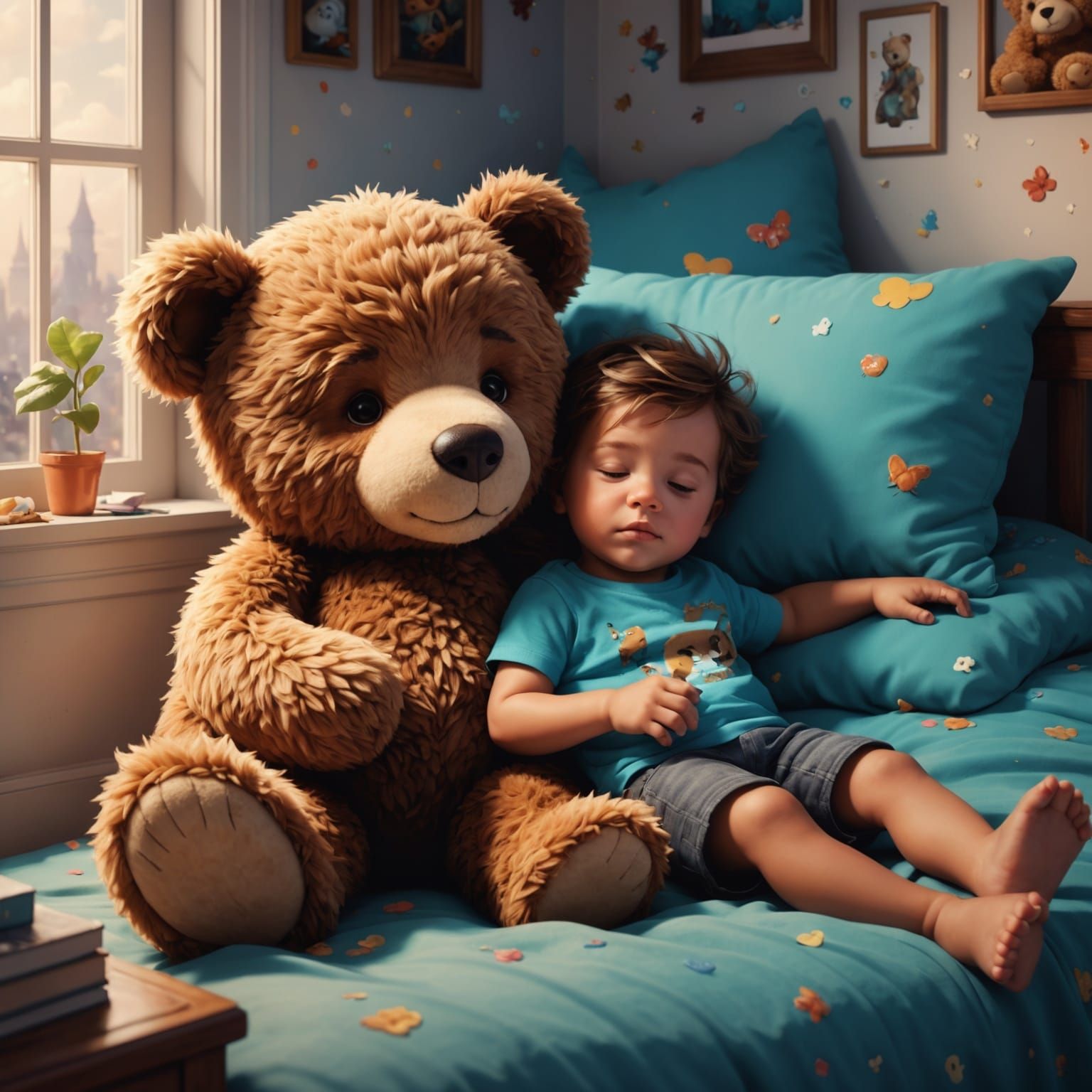 Toddler Sleeping with Teddy Bear in 3D Digital Art