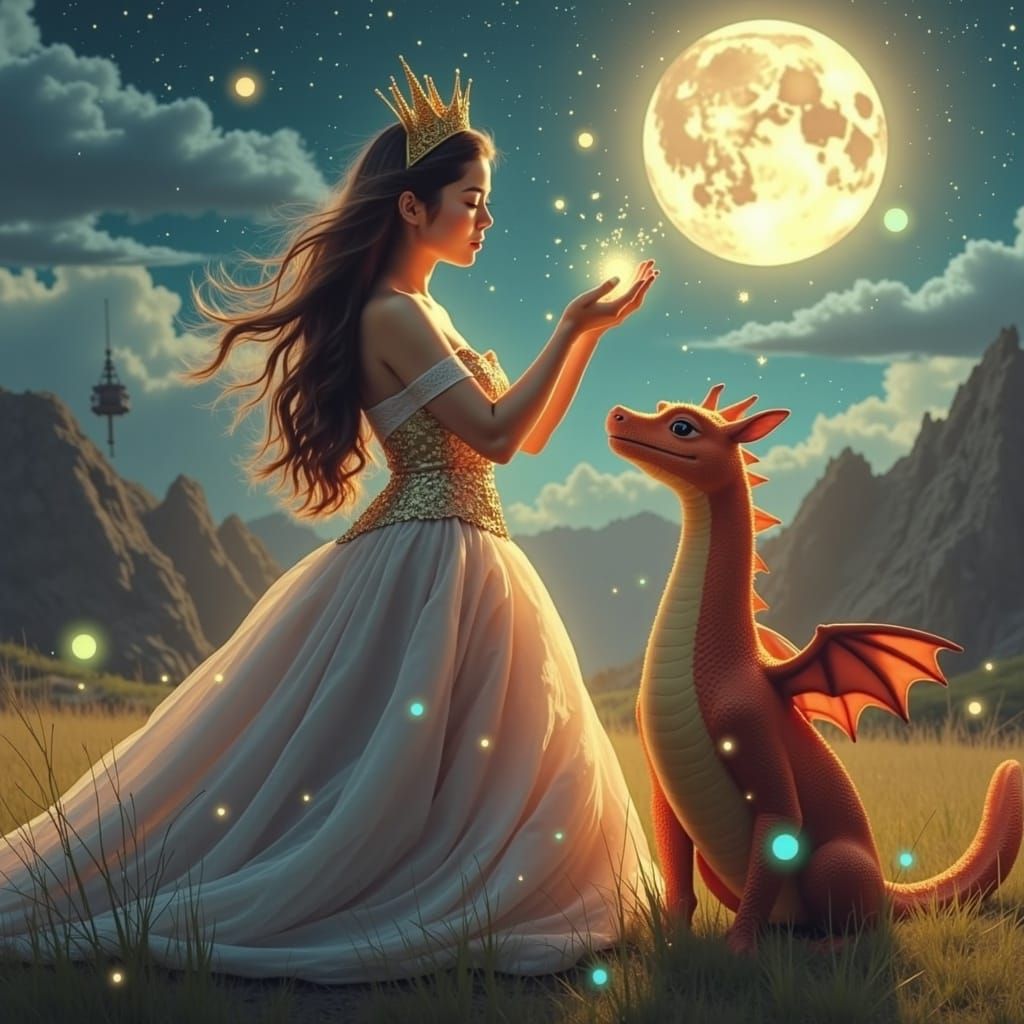 Dreamlike Scene: Woman, Dragon, and Celestial Orbs