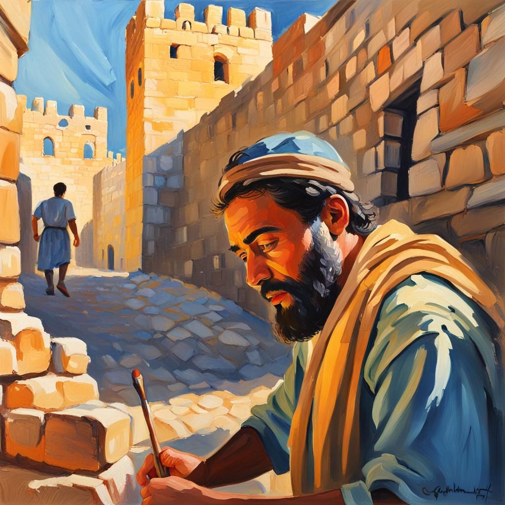 Nehemiah Rebuilds Jerusalem Walls: Impressionist Gouache Pai...