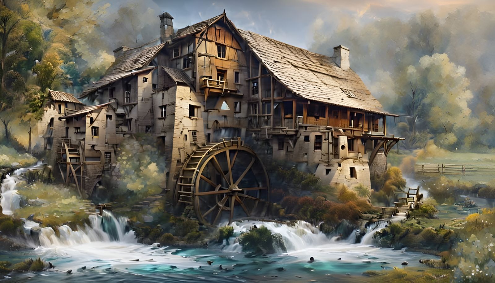 Picturesque Watermill Scene in a Sunny Meadow