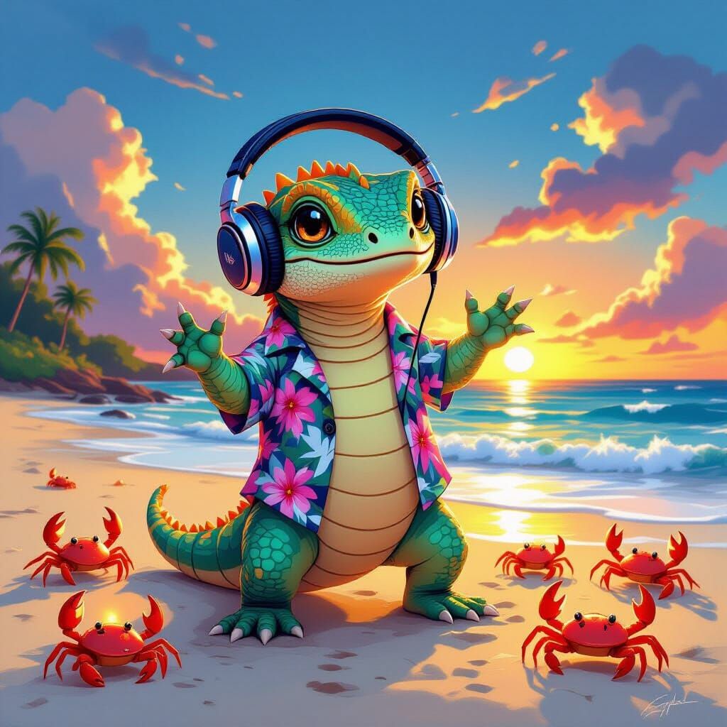 Komodo Dragon Dancing on Beach with Glowing Crabs