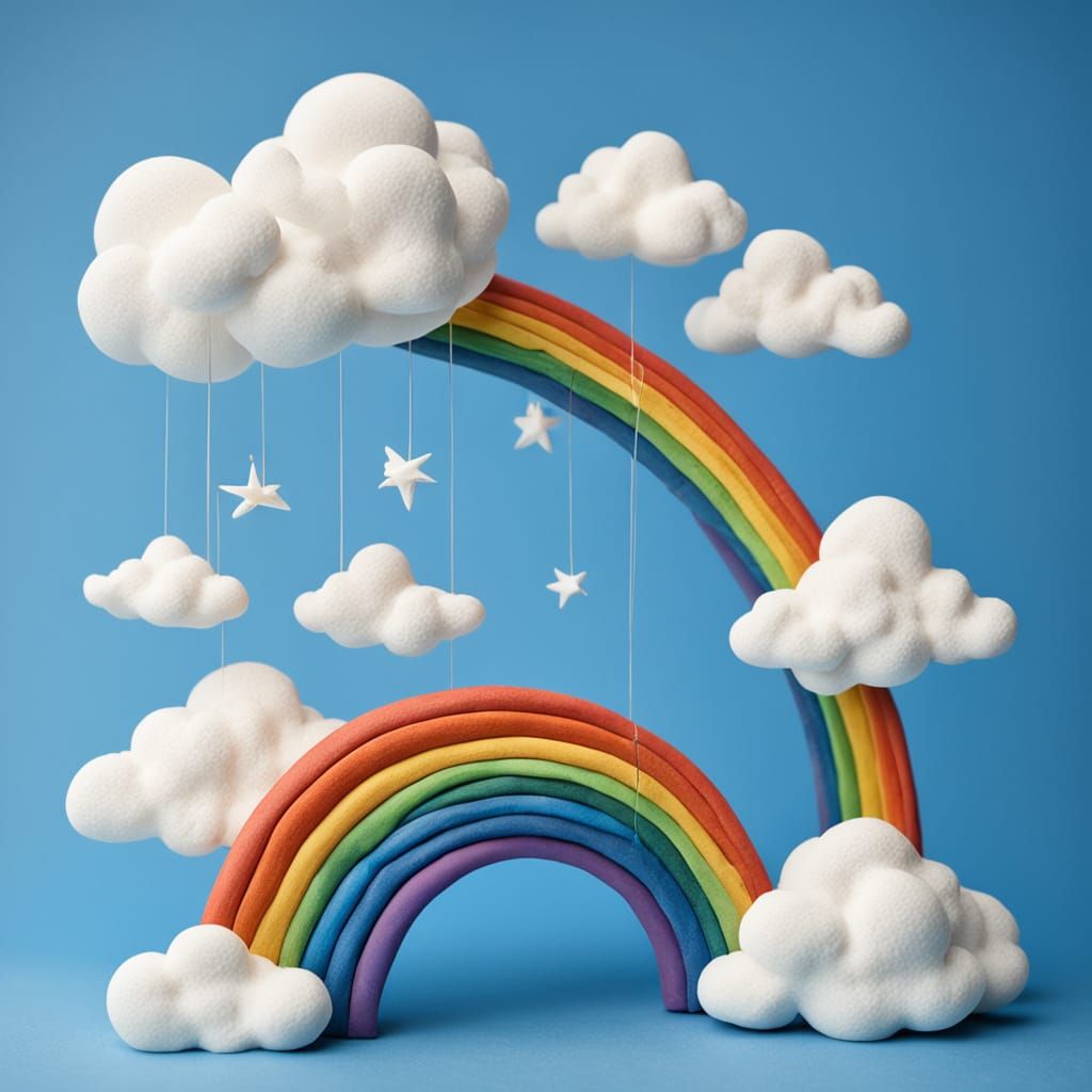 Clay Rainbow Connects Puffy Clouds: Detailed Clay Art