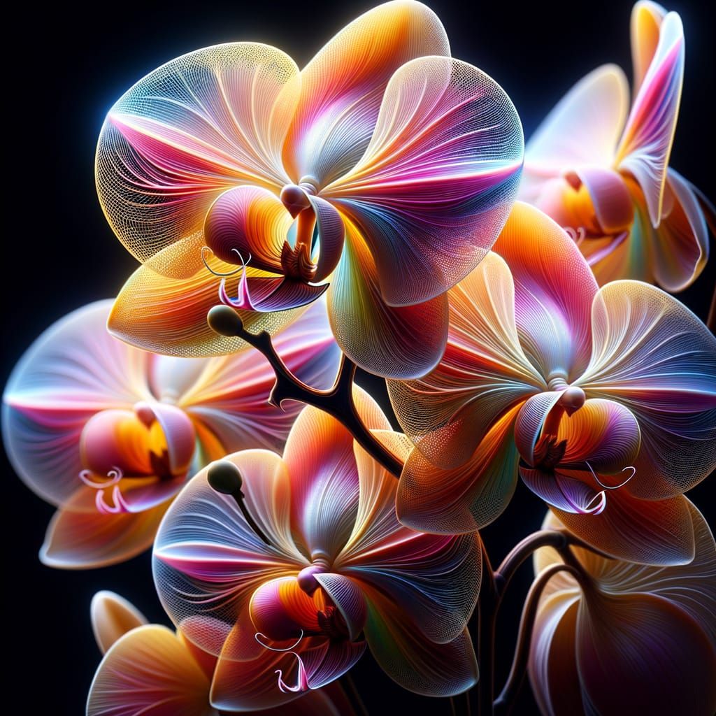 Gleaming Iridescent Silk Orchids in Hyperrealism