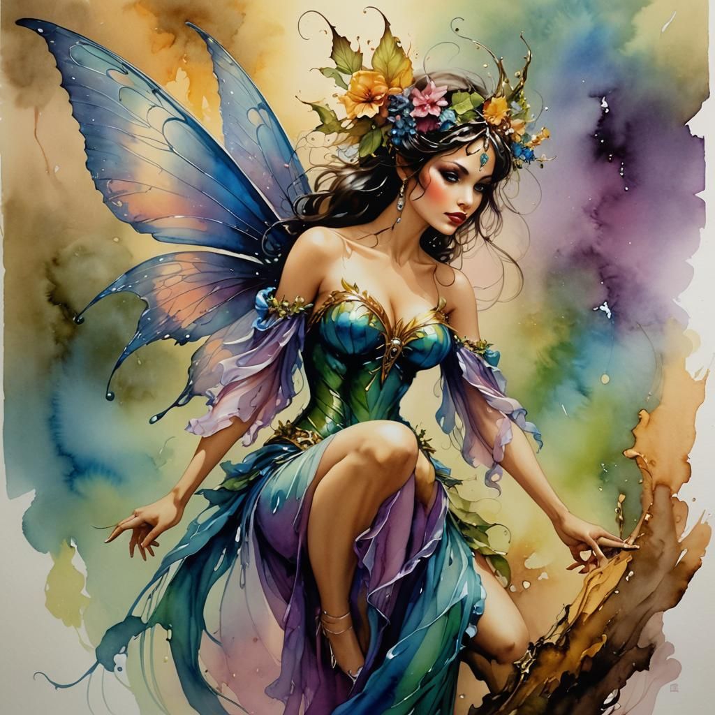 Fantasy Fairy Woman in Alcohol Ink Watercolor