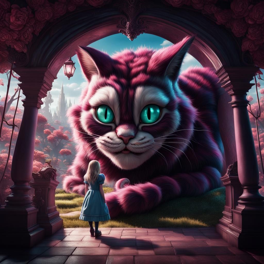 Alice and Cheshire Cat in Looking Glass, Fantasy Art