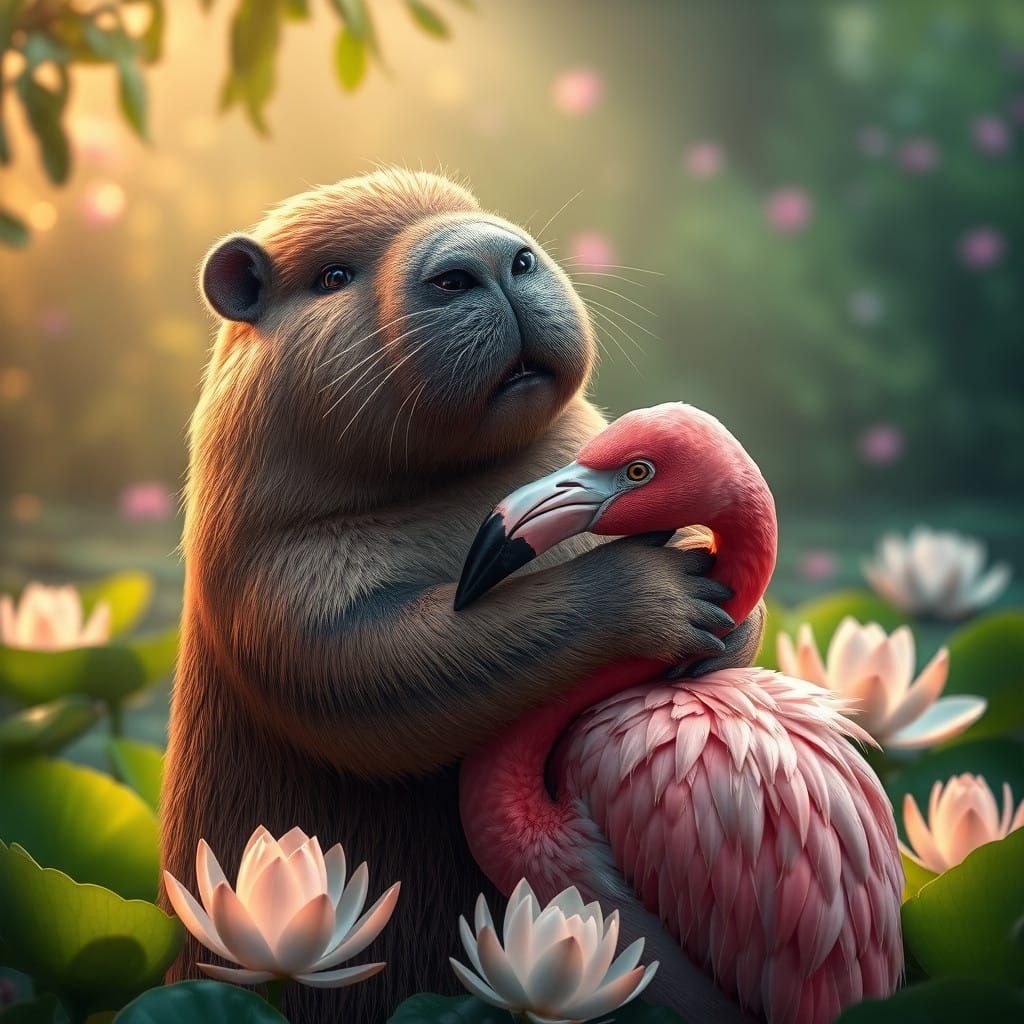 Majestic Capybara and Flamingo Embrace in Vibrant Realism
