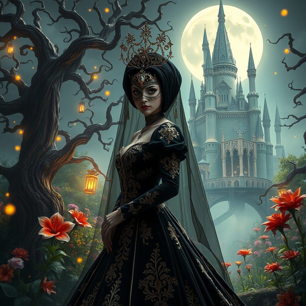 Regal, Masked Bride in a Moonlit, Mystical Garden
