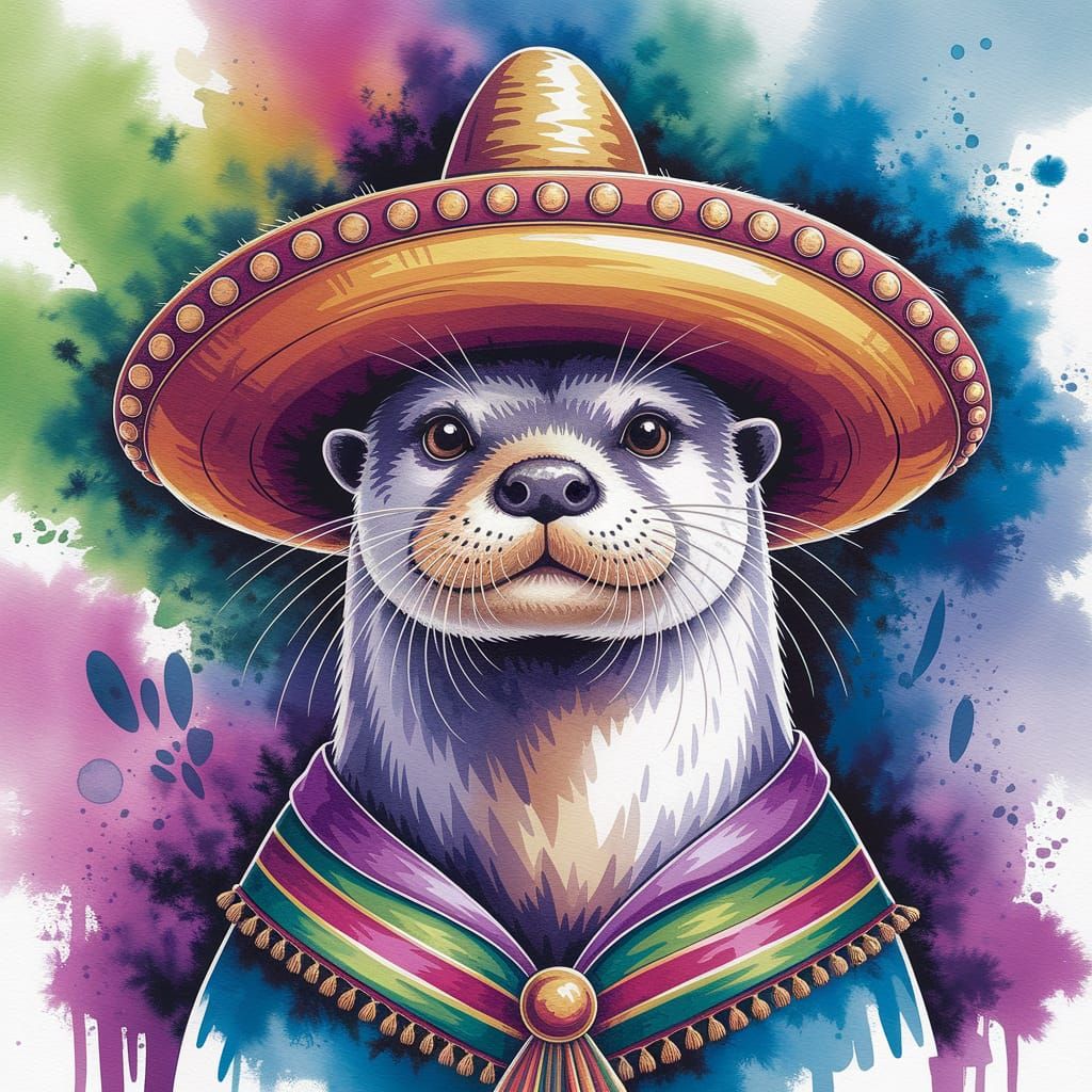 Vibrant Otter in a Sombrero, Watercolor Impressionism