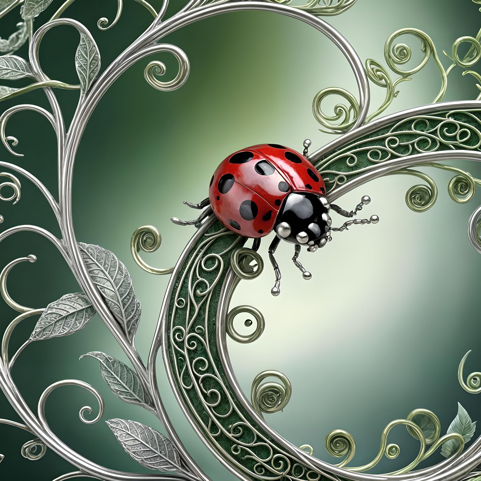 Ethereal Metallic Ladybug with Silver Vines