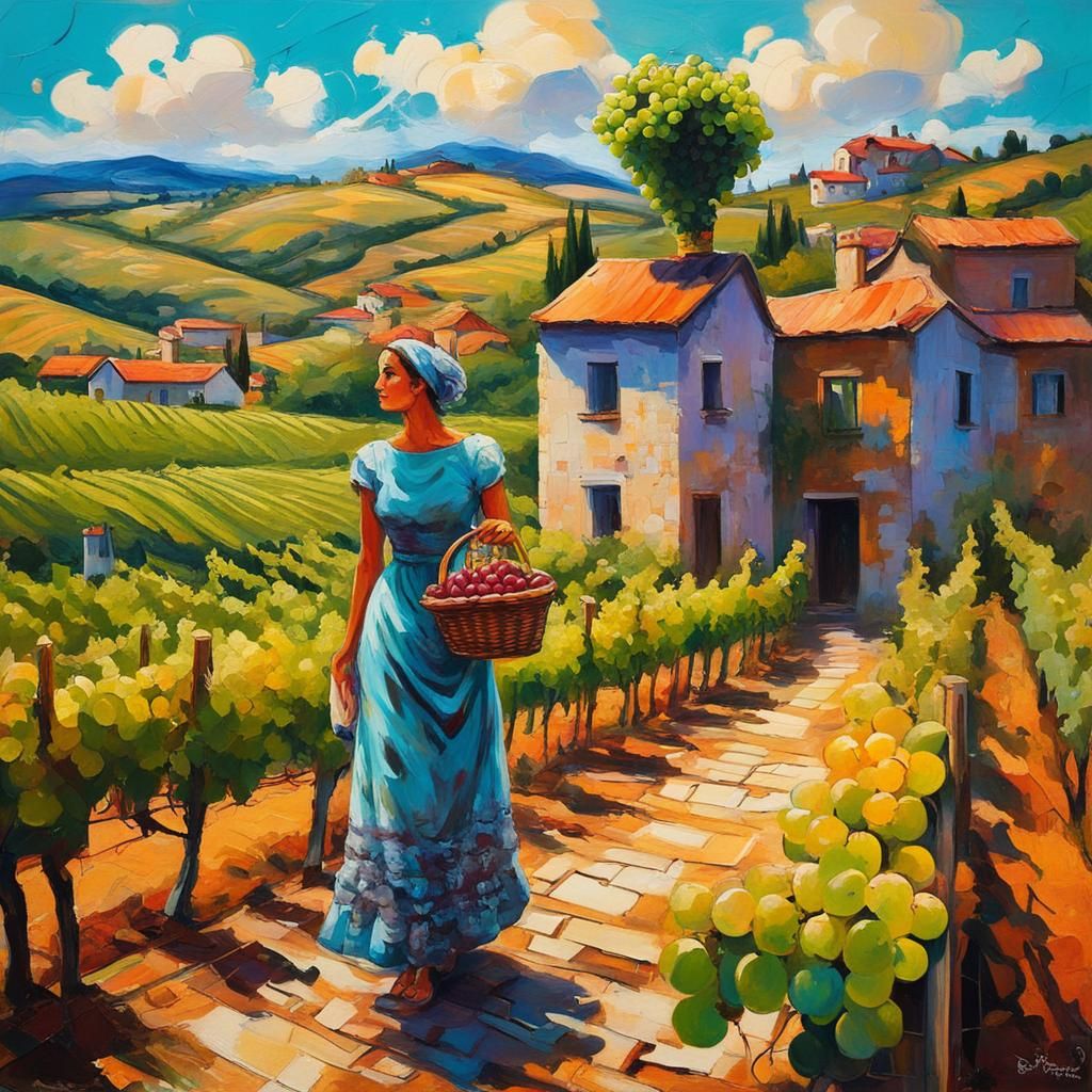 Girl with Grapes in Vineyard, Impressionistic Style