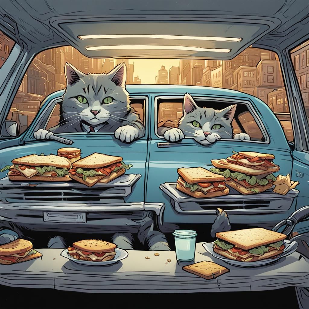 Grey Cat Private Investigators Enjoying Sandwiches