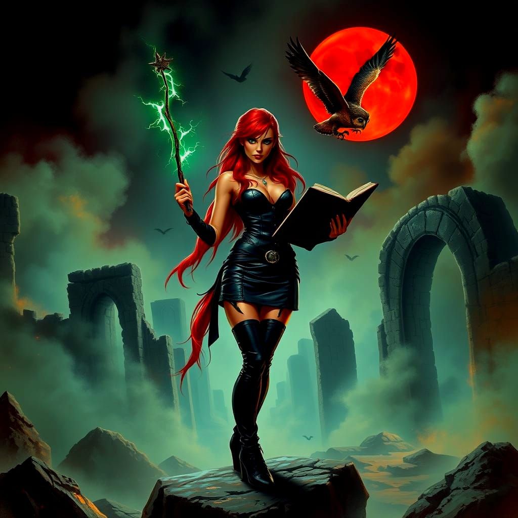 Gothic Sorceress Casting Spell Under Red Moon