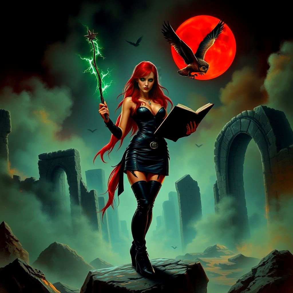 Gothic Sorceress Casting Spell Under Blood Moon