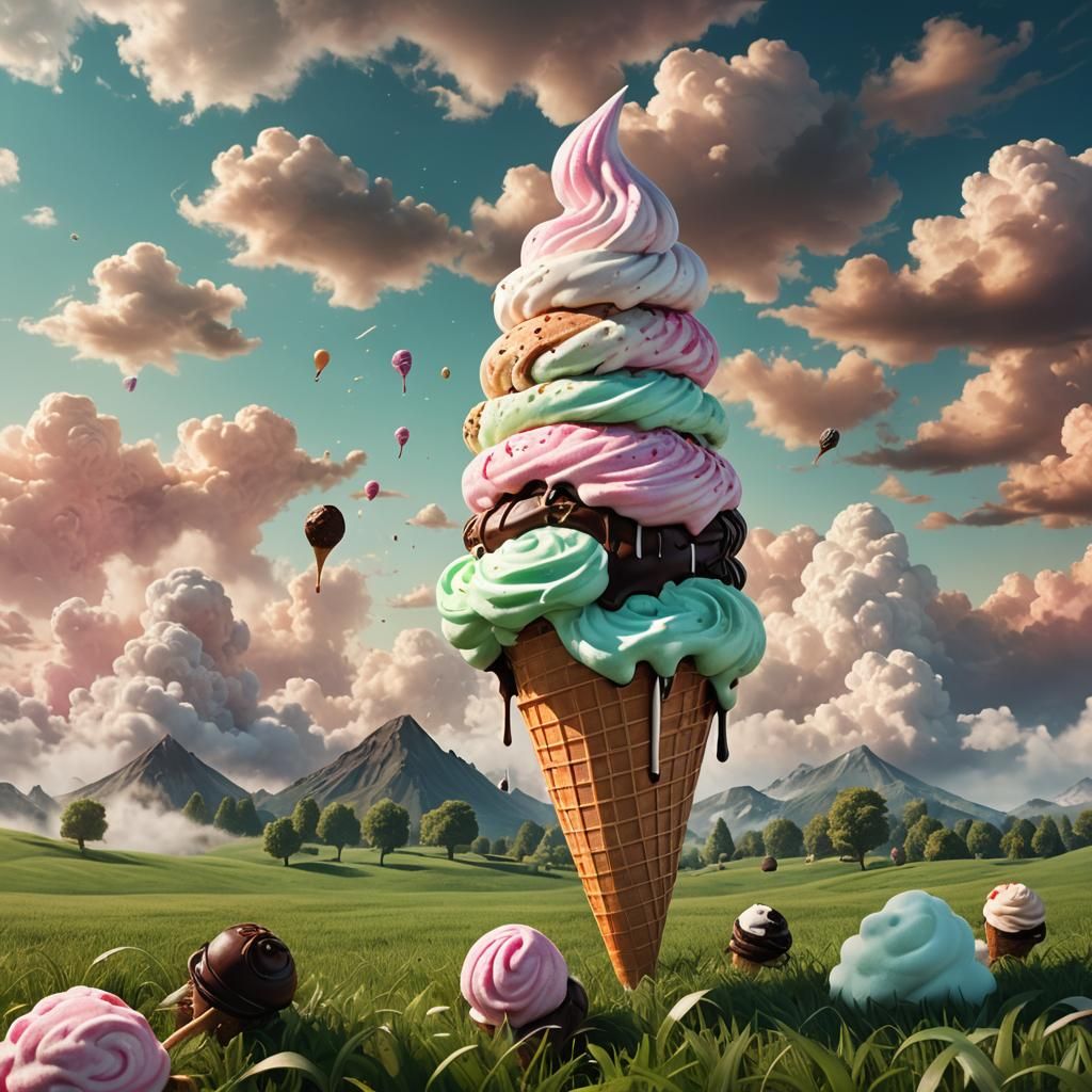 Giant Ice Cream Cone in Dreamy Landscape
