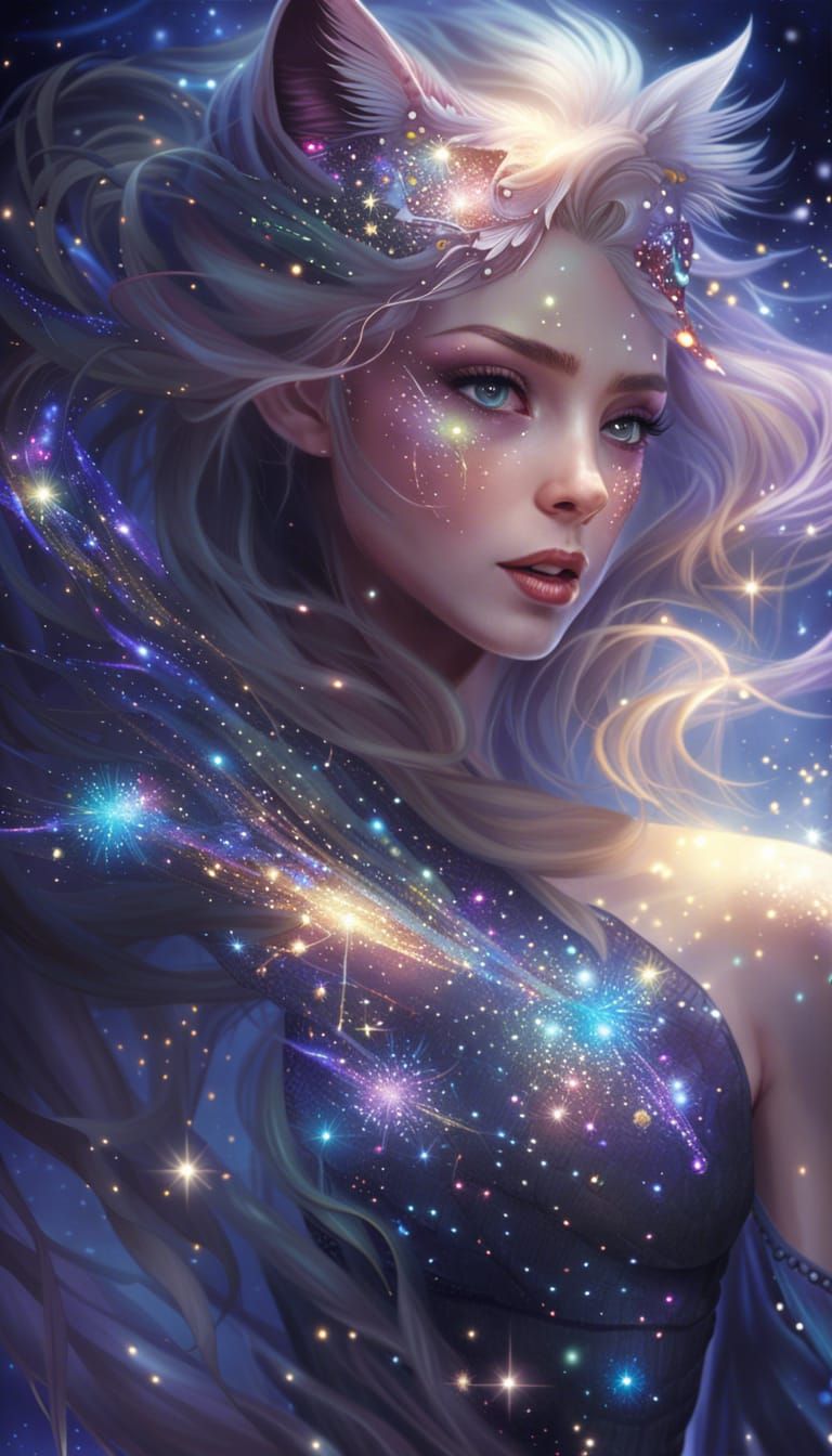 Glittering Cat Girl in Windswept Starlight